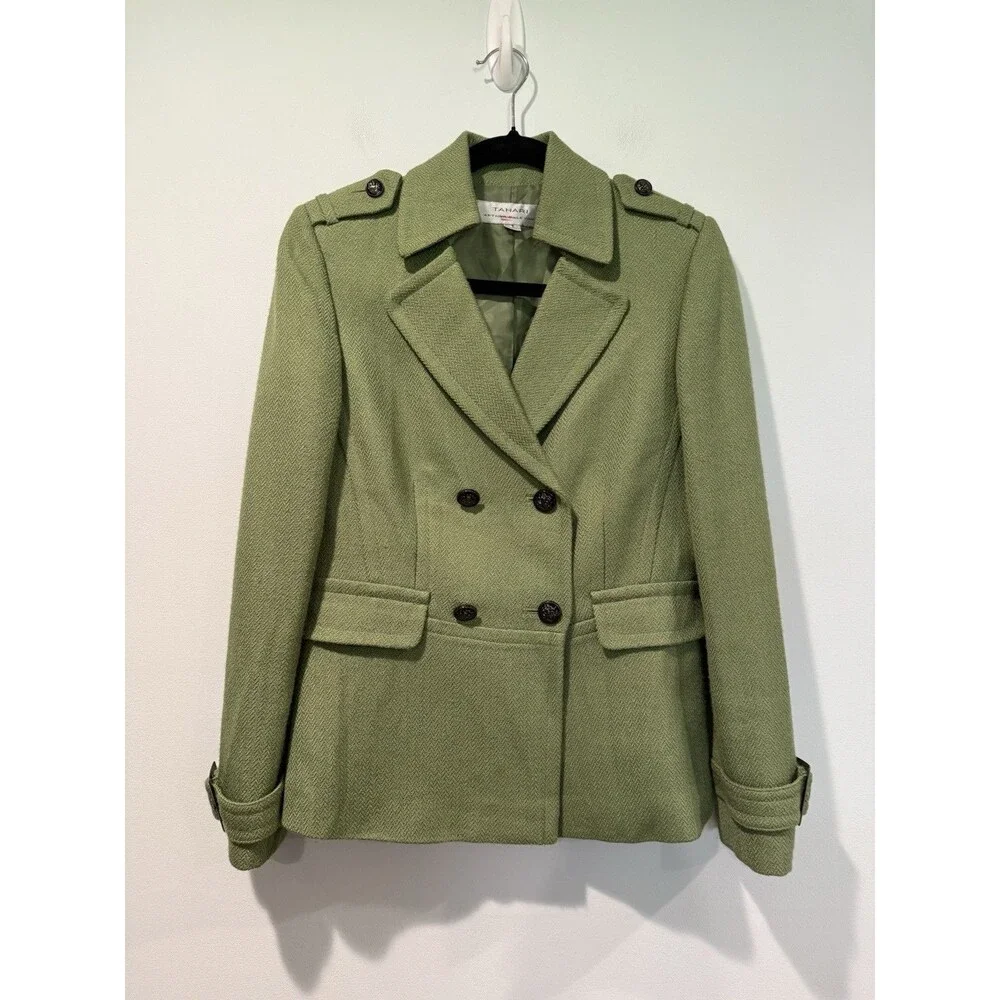 Tahari Pea Coat Womens 4 Green Wool Lined Preppy Old Money Quiet Luxury Travel